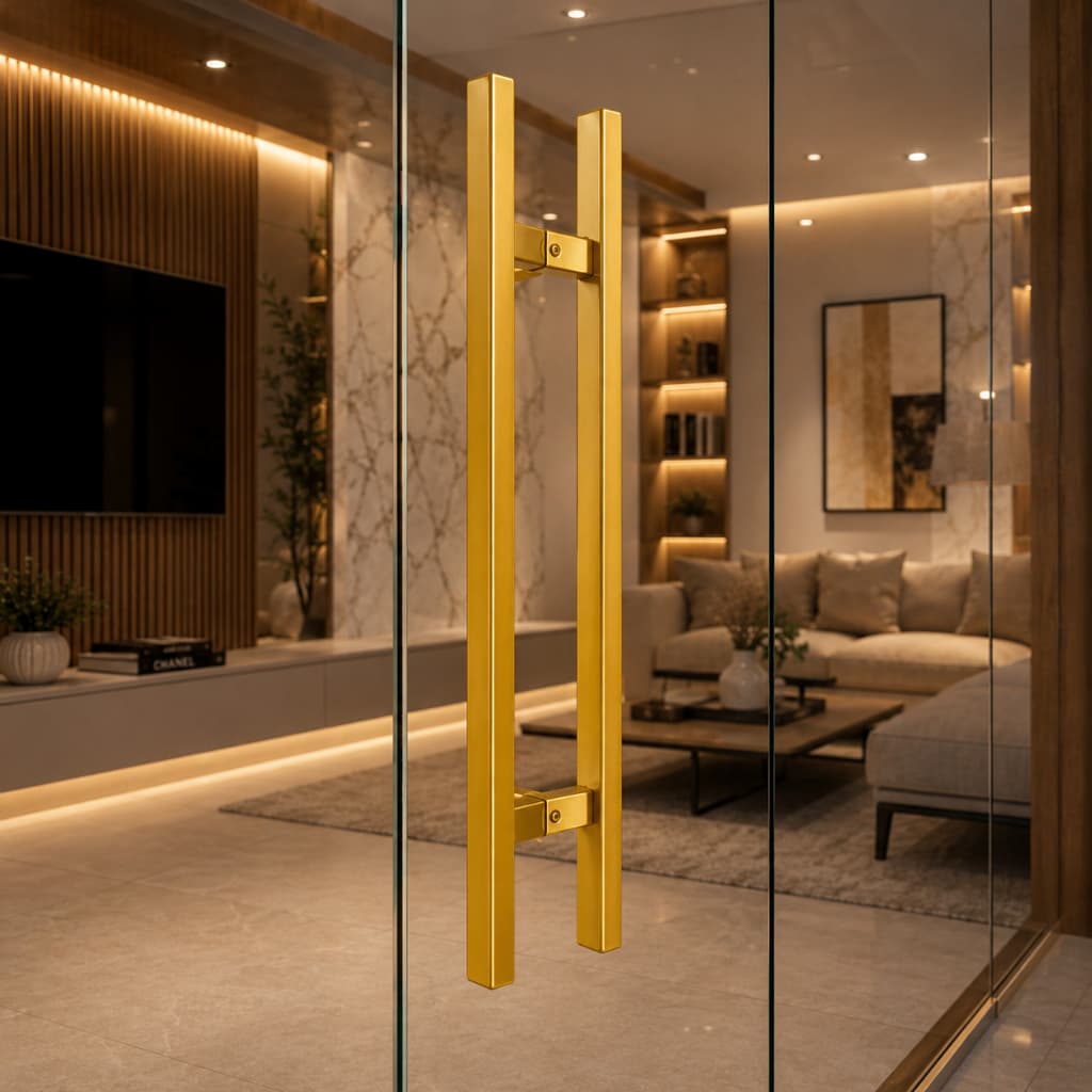 Puxador Duplo Barra Chata Dourado Premium Aço Inox Porta Vidro Madeira 80cm 60cm