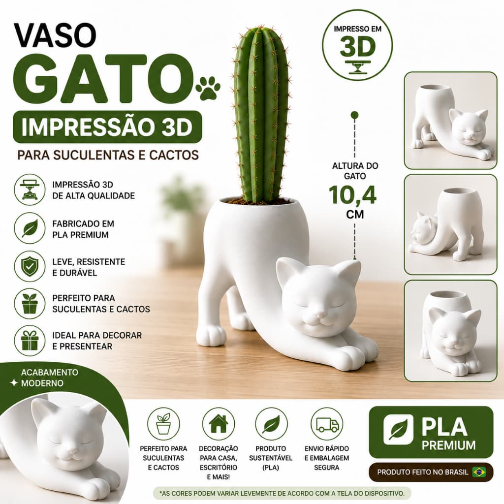 Vaso Gato Impresso em 3D para Suculentas e Cactos | Cachepô Decorativo PLA Premium