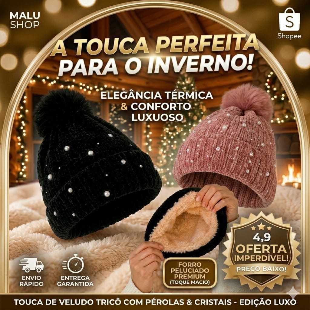 Gorro Feminino Touca De Lã Inverno Com Pérolas Strass Luxo Confortável Pompom Pelinho Lã Premium Luxo