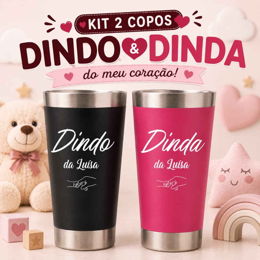Kit 2 Copos Gravado a Laser de Alta precisão com Nome  Dindo e Dinda Convite Inesquecível Envio Rápido