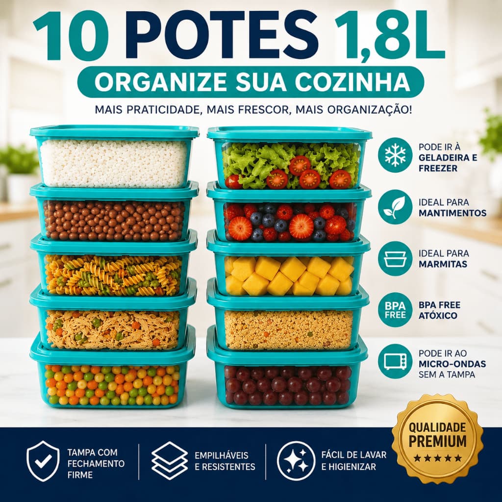 Kit Potes 1,8L Com Tampa Organizador Mantimentos Cozinha Geladeira Empilhável