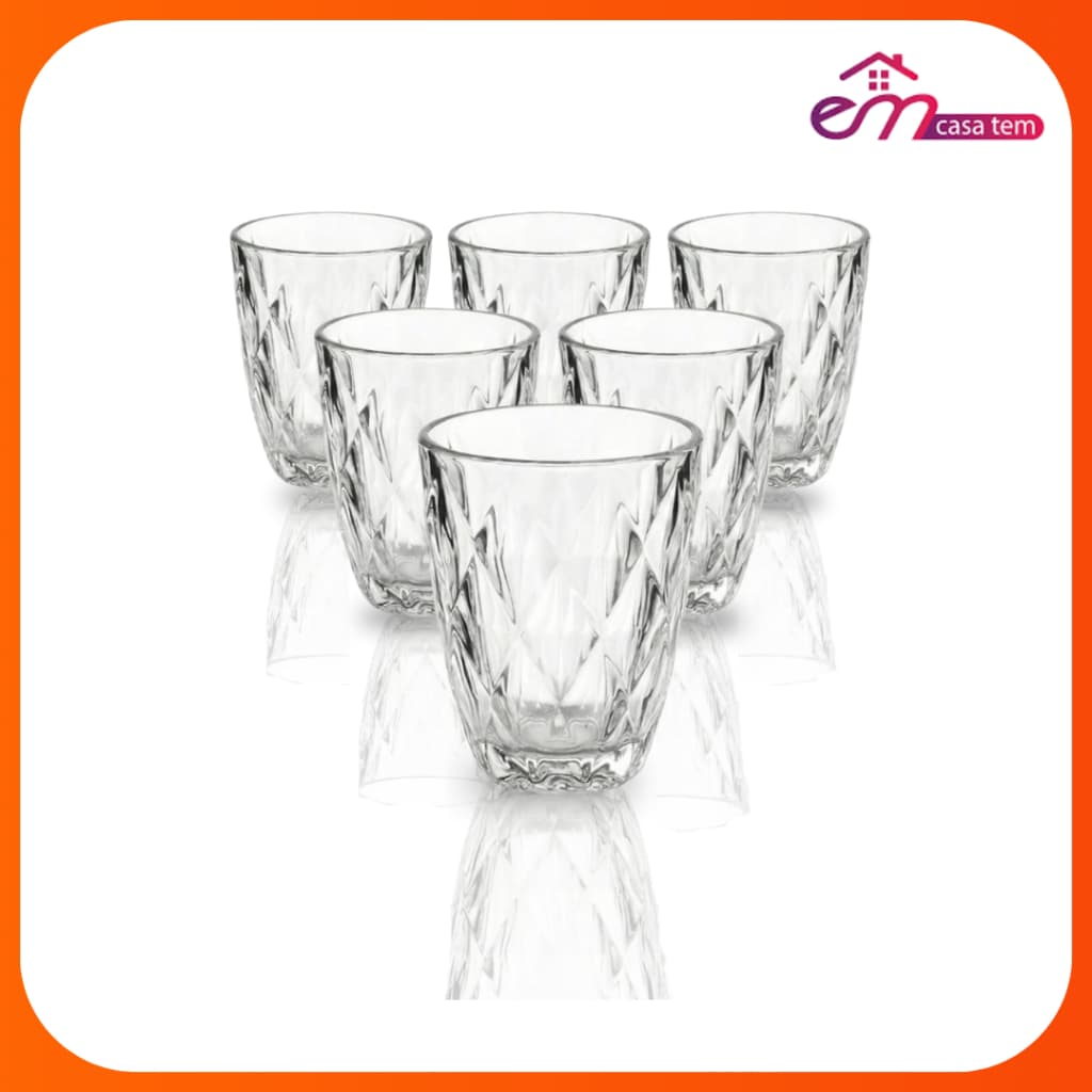 Jogo 6 Copos Diamond 300ml Vidro Grosso Diamante Luxo