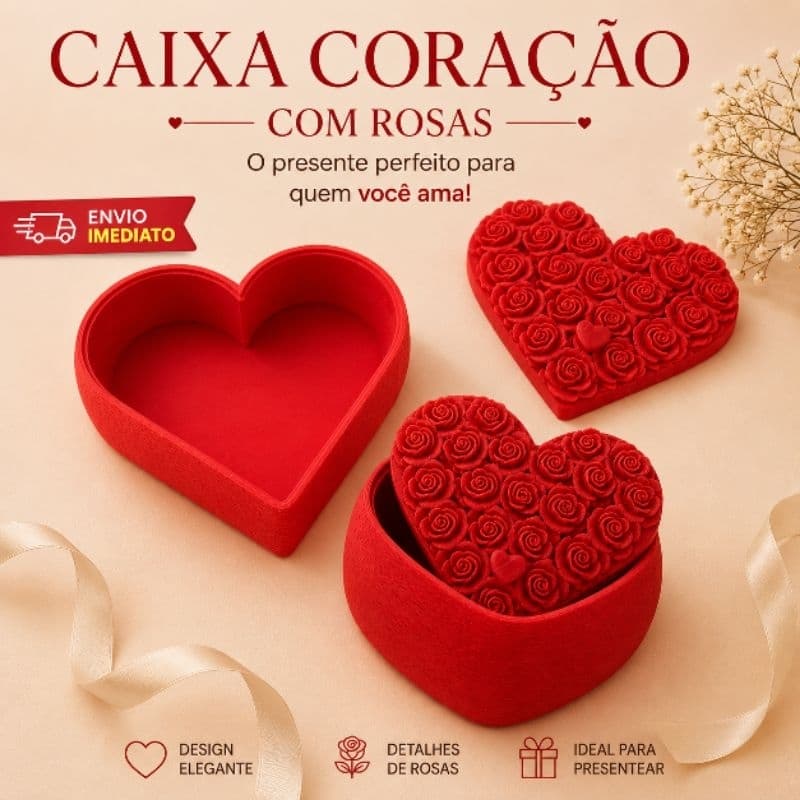 Caixa Coração com Rosas | Porta Presente Decorativo Vermelho 10,6cm x 11,3cm