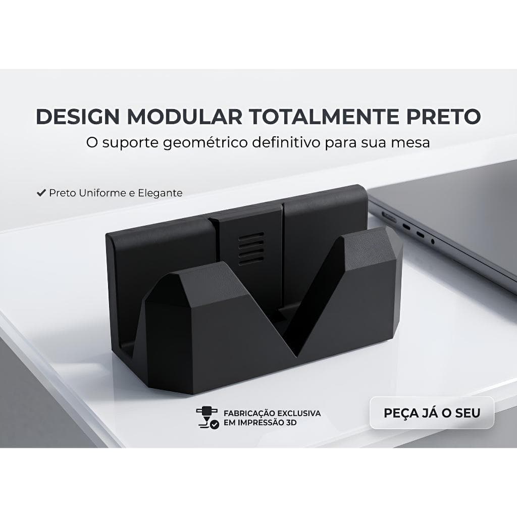 Suporte Vertical Notebook Ajustável Mesa Desk Setup Minimalista Geometrico Universal Premium Preto Impressão 3D