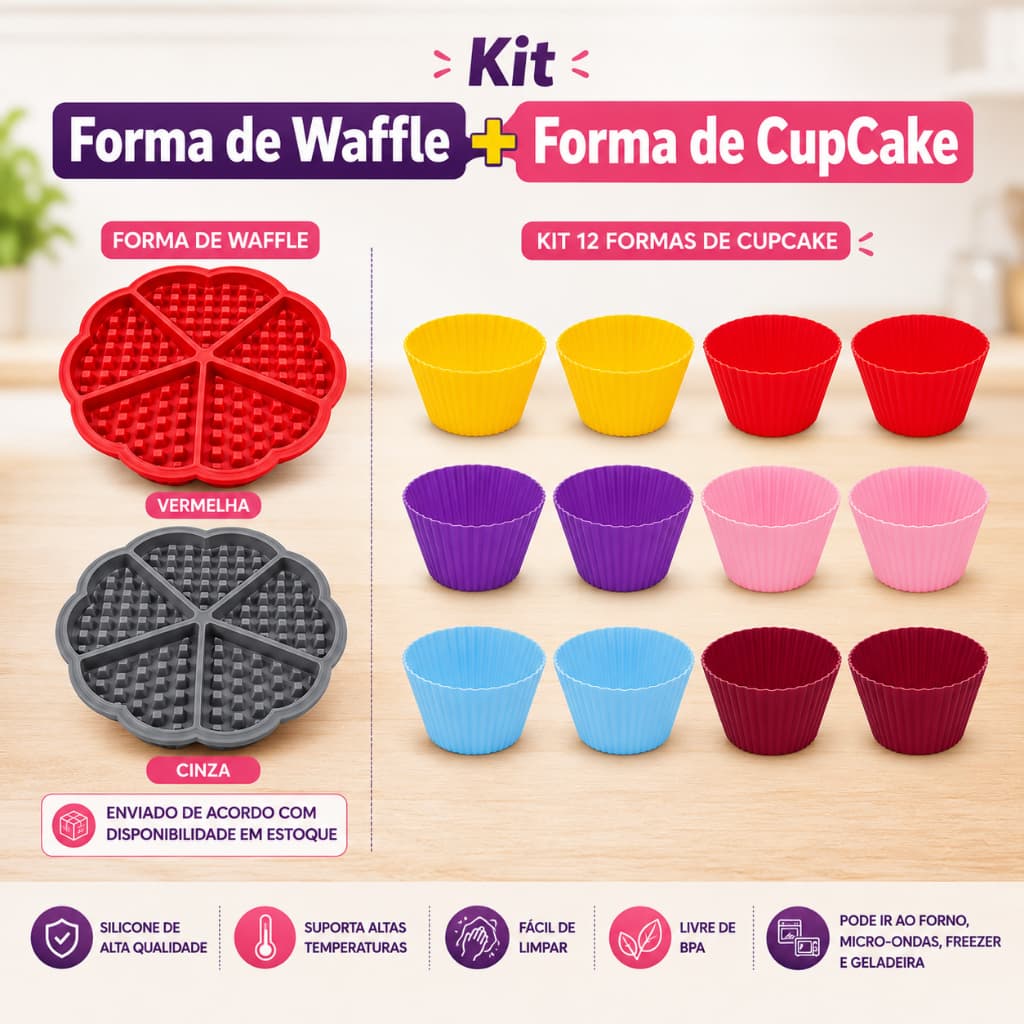 Formas de Silicone Panqueca Waffle Com 5 Divisórias Kit 12 formas de CupCake Resistente Antiaderente