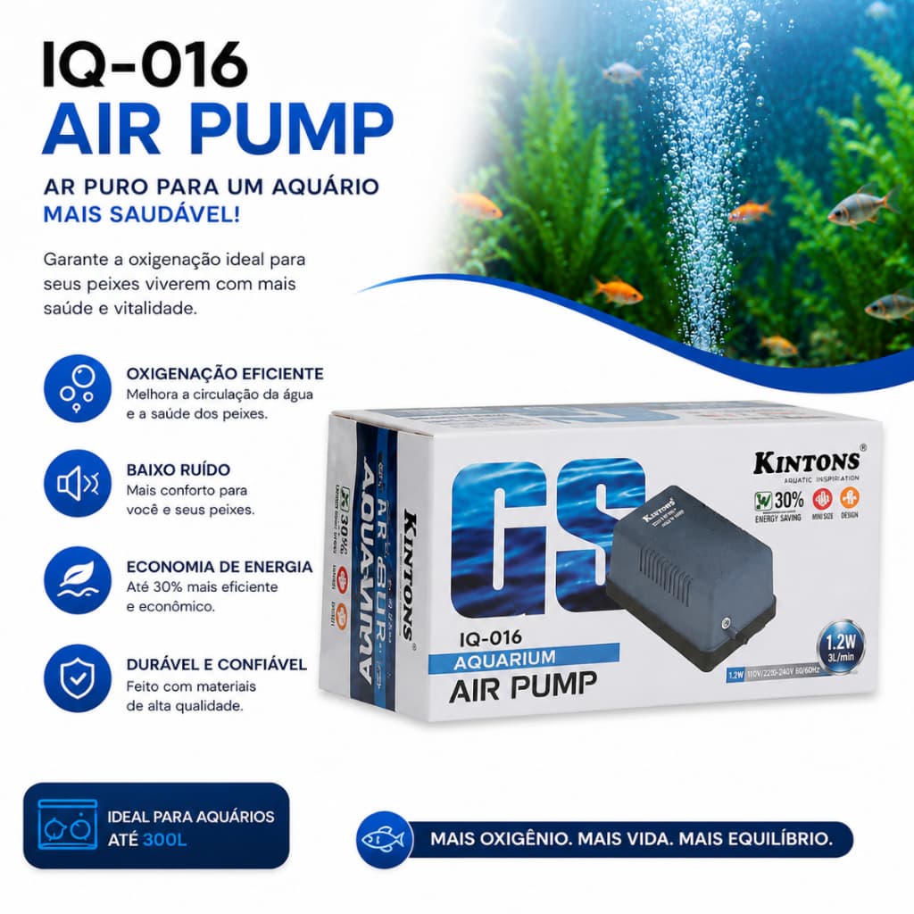 Compressor e Oxigenador de ar para aquário KINTONS IQ-016 - 3 L/min. BIVOLT