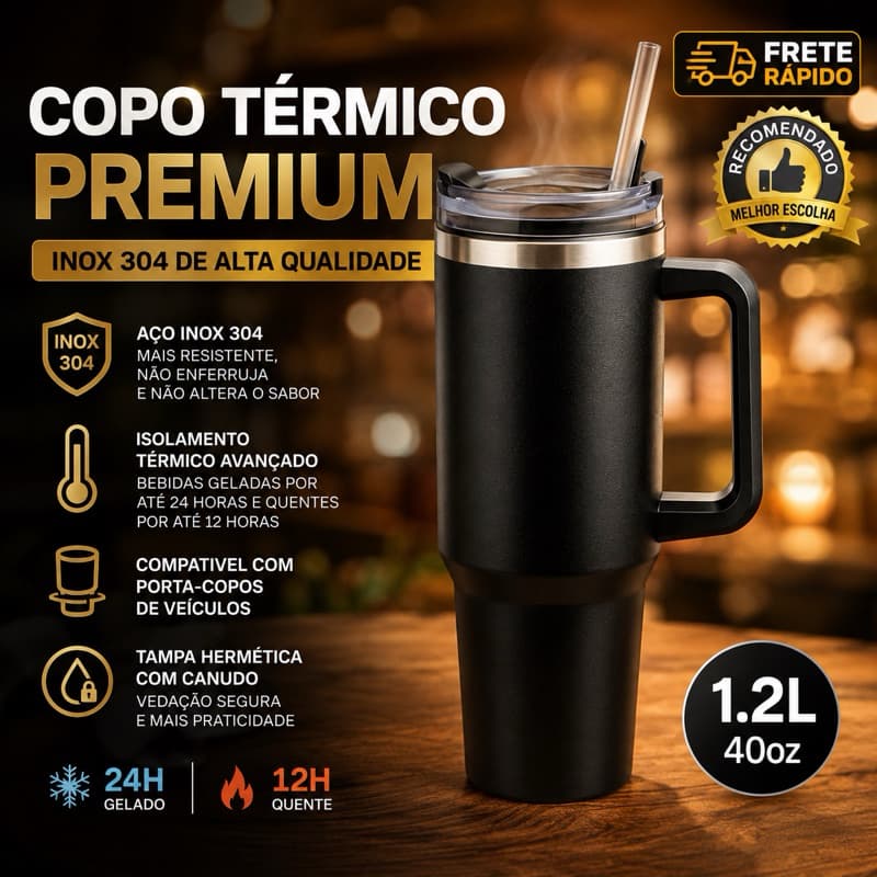 Copo Térmico Inox Premium 1200ml Portátil C/Tampa e Canudo – Alta Durabilidade COR PRETO
