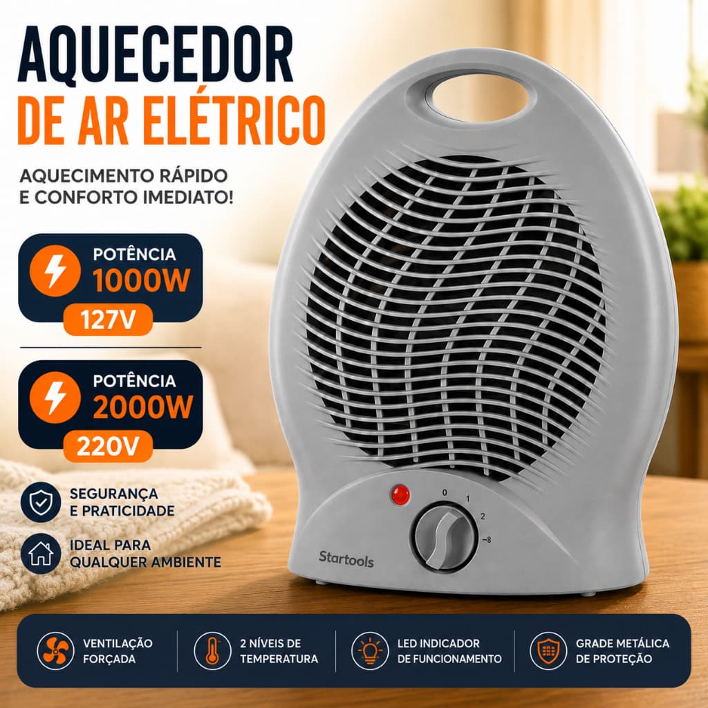 Aquecedor de Ar Elétrico Portátil 1000W 127V ou 2000W 220V Compacto e Potente