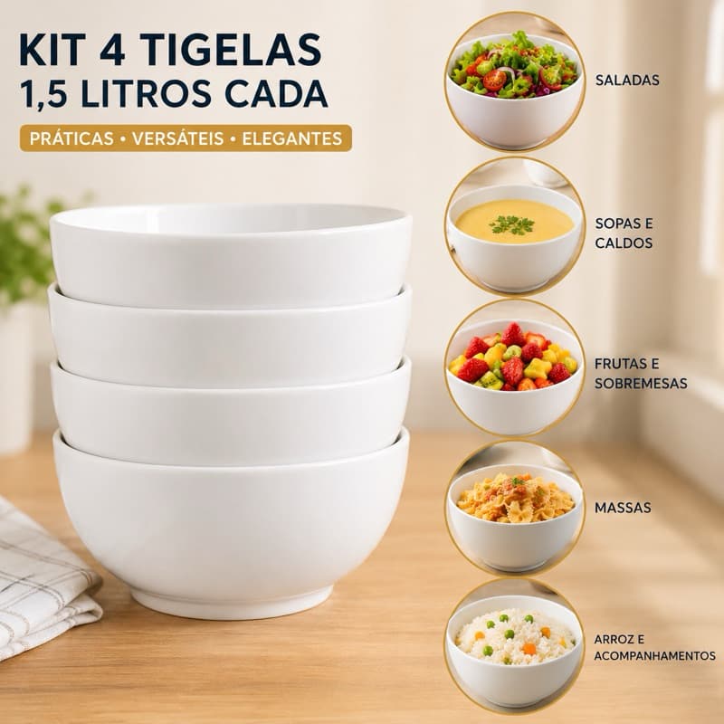 Kit 4 Bowls Tigelas Cerâmica Branca 1,5 Litros 20cm Para Salada Sopa Frutas e Massas