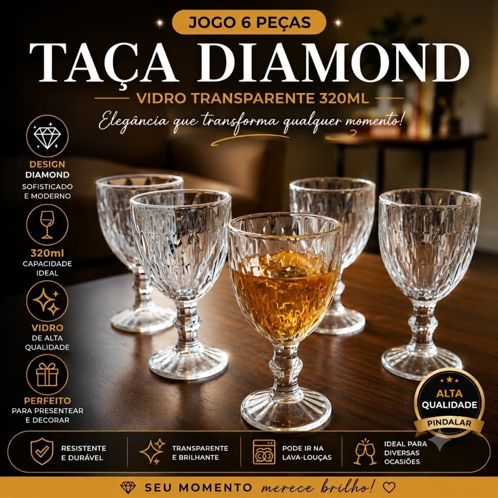 Jogo 6 Taças Diamante 320ml Vidro Top Diamond – Taça para Vinho, Água e Suco