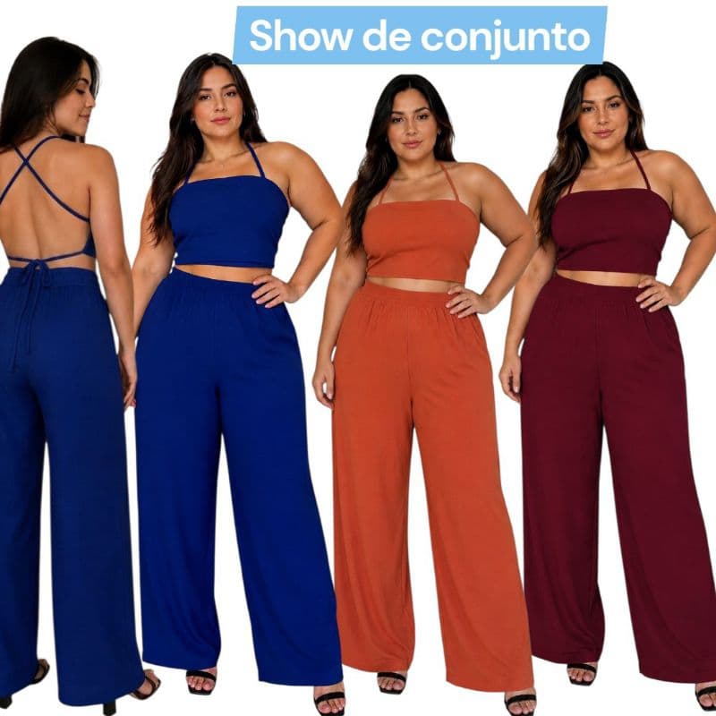 Conjunto feminino pantalona,com amarração nas costas.Diversas ocasiões.tecido confortável