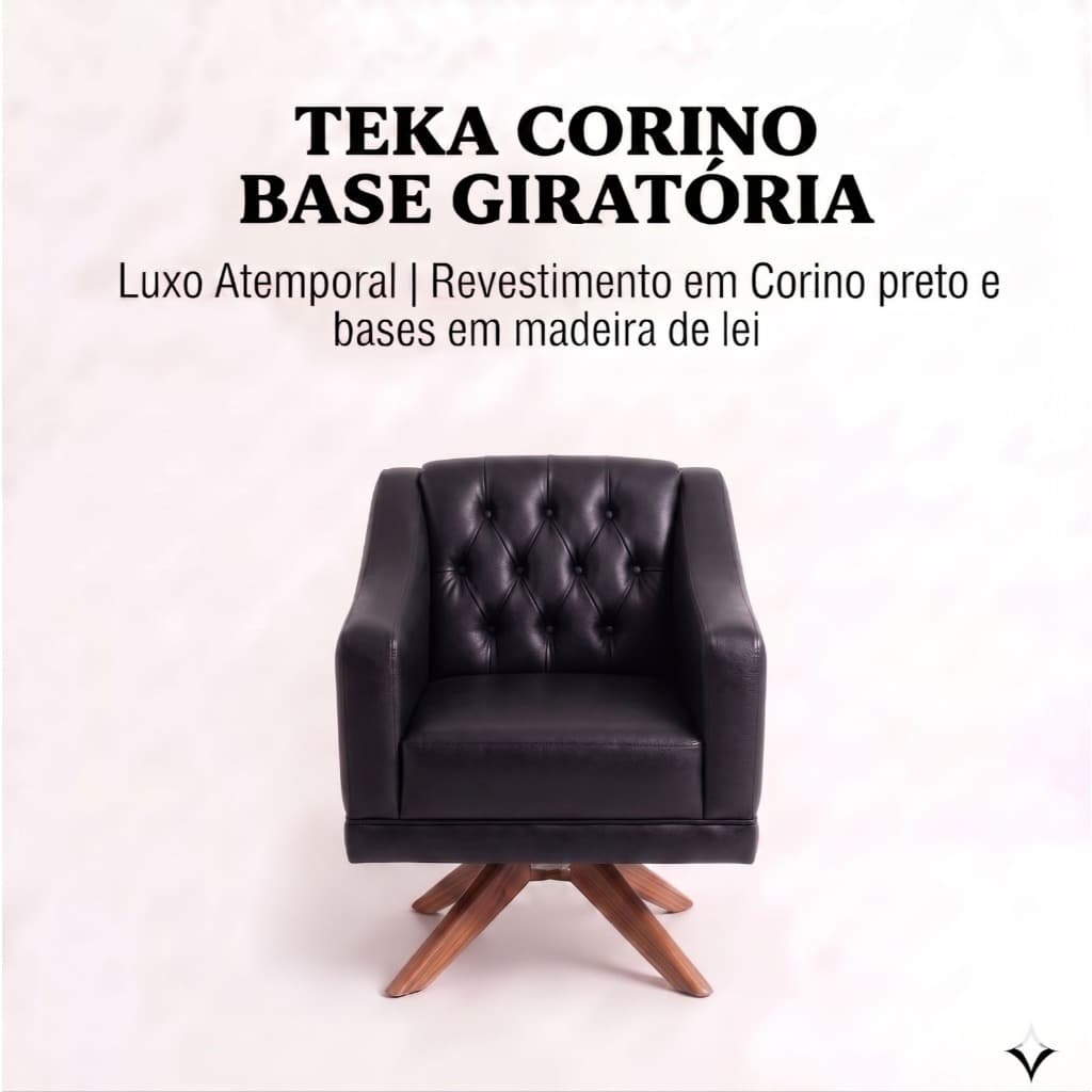 Poltrona Decorativa Teka Giratória Corino Preto Moderna Luxo