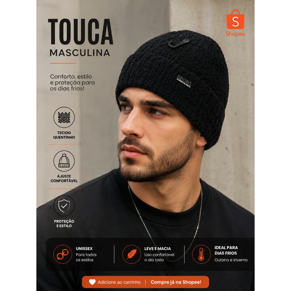 Touca Masculina de Lã Preta Forrada Peluciada Premium Frio Inverno