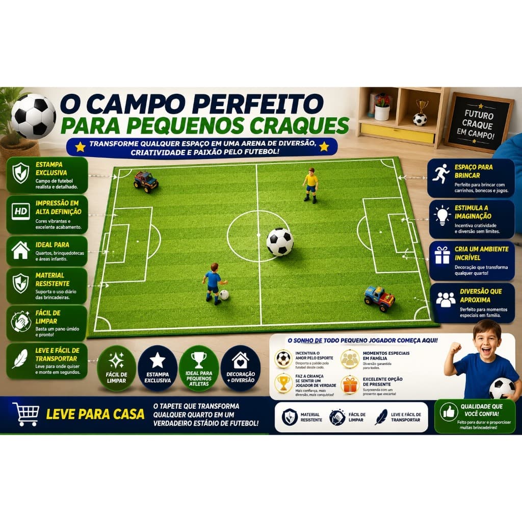 Tapete Infantil Criança Grande Campo Futebol 150x100cm Jogo Quarto Menino Tematico Lona Facil Limpar