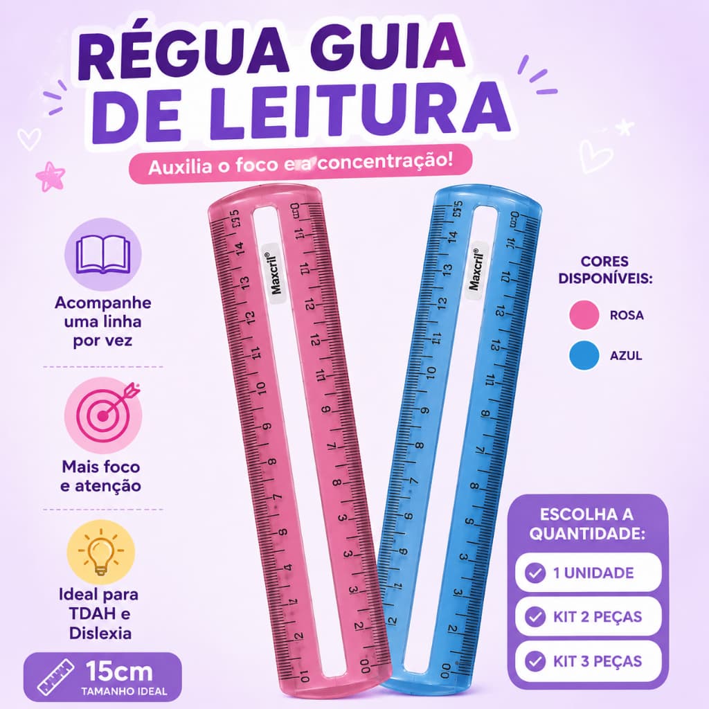 Régua Guia de Leitura 15cm Maxcril TDAH Dislexia Foco Concentração Escolar Rosa Azul