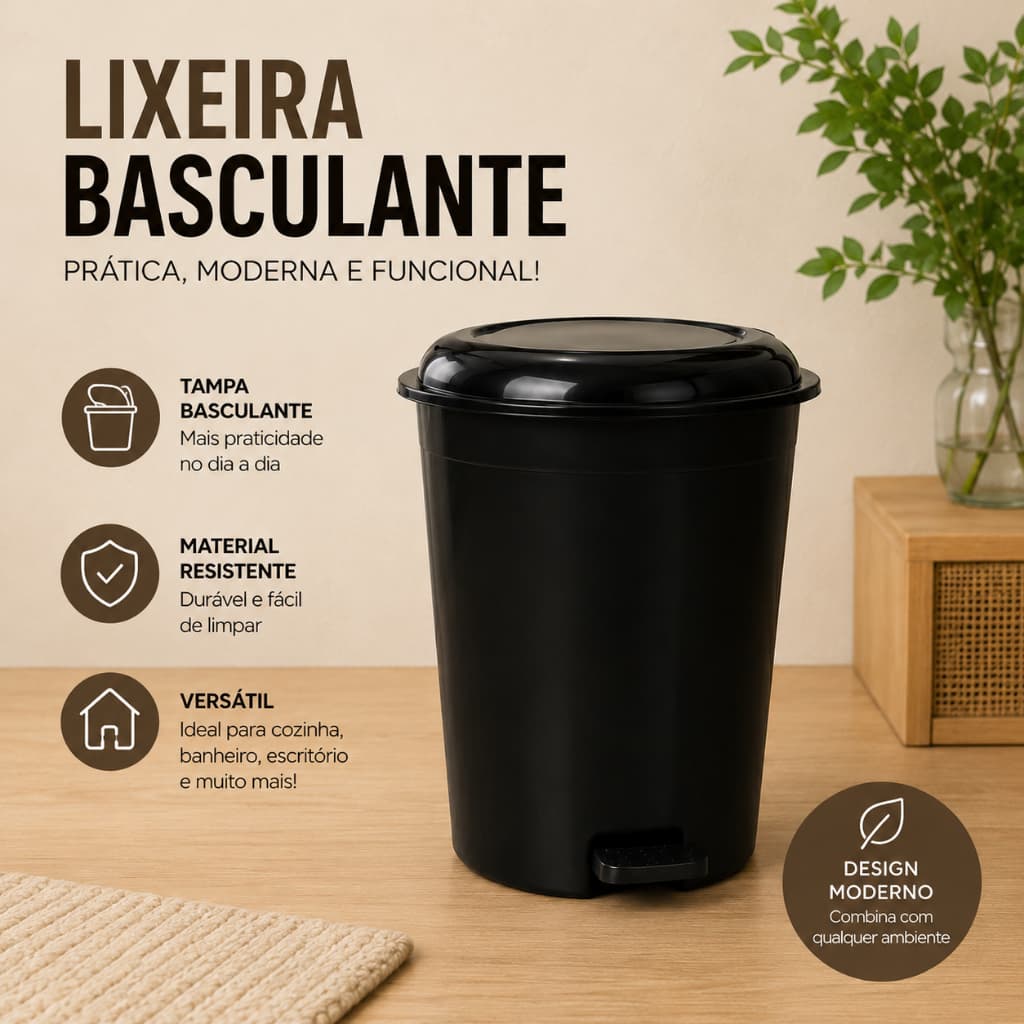 Lixeira Plástica tampa pedal 13 litros, banheiro , cozinha , pia designer moderno preta