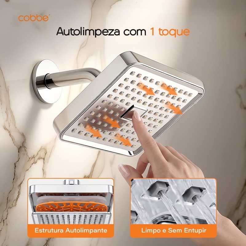 Chuveiro Autolimpante Quadrado Alta Pressão Para Banheiro Ducha de Parede Cromado Preto Fosco 15cm Heemli