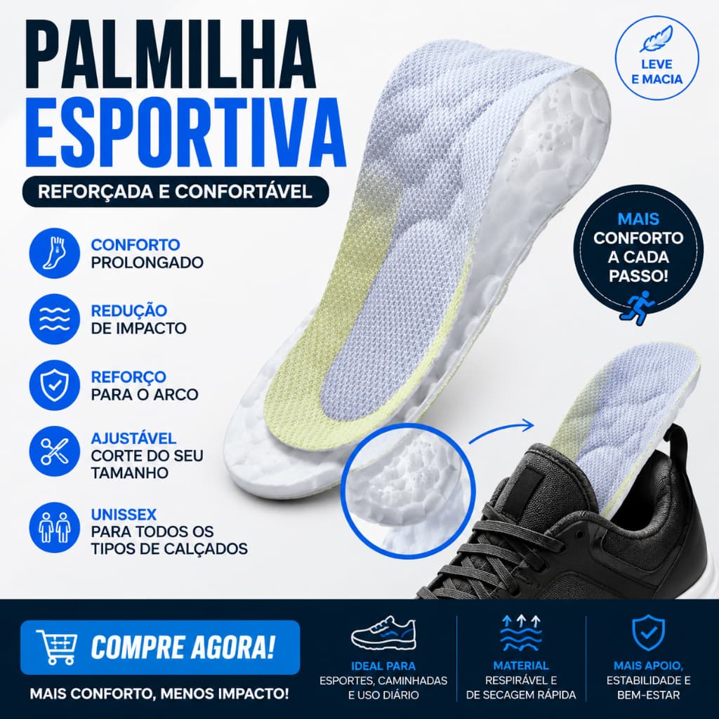 Palmilha Unissex Esportiva Reforçada Cinza Confortável Ajustável
