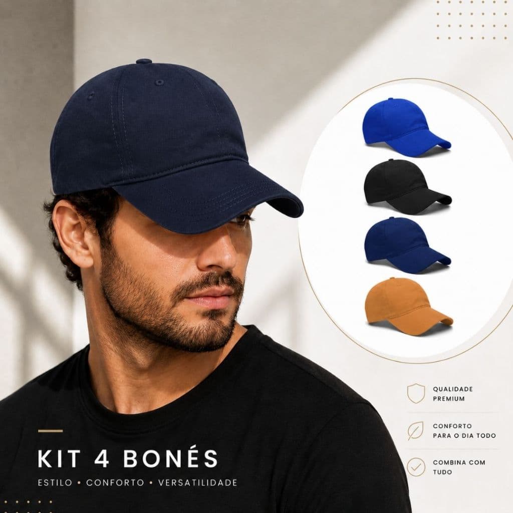 Kit 4 Bonés Aba Curva Resina New Premium em Algodão Liso Unissex com regulador Ajustável Fivela