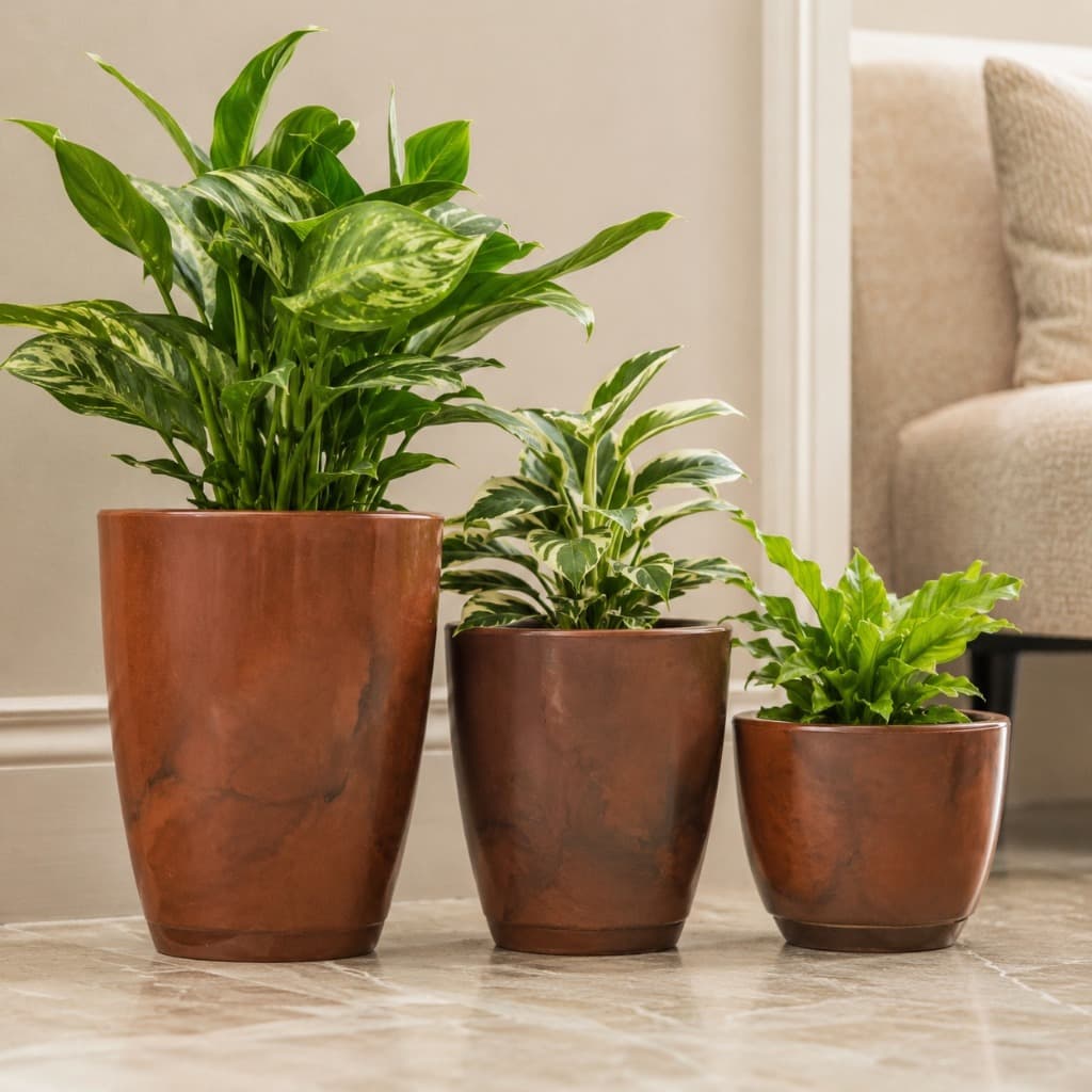 Kit Jogo 3 Vaso de Planta Decoração Grande Liso Polido Estilo Vietnamita Cone Bojo Marmorizado Prato