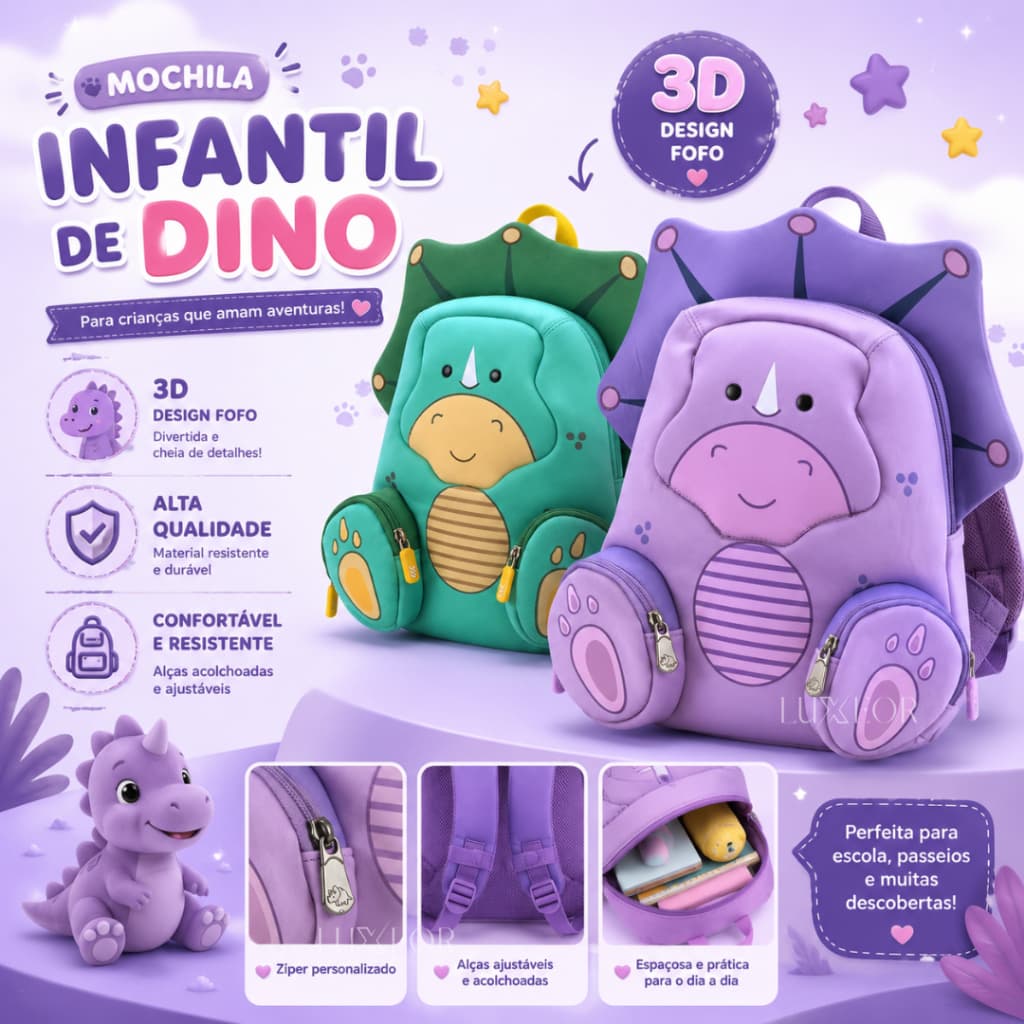 Mochila Infantil Dinossauro 3D Impermeável Neoprene Escolar Creche Passeio Criança