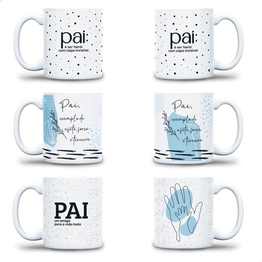 Kit De 6 Xicaras Canecas De 310ml De Porcelana Decorada Presente Dia Dos Pais Papai Pai