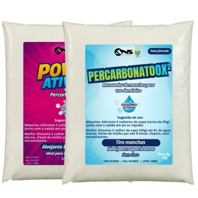 Kit 2kg Tira Manchas 1kg Alvejante Power Ativado + 1kg Percarbonato OX2 Sem Cloro Oxigênio Ativo