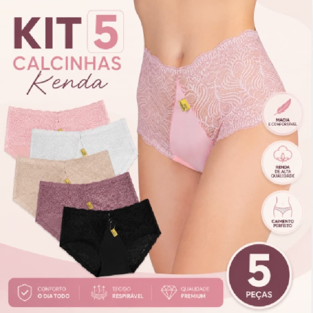 Kit 5 Calcinhas Femininas Renda Calesson  Conforto Forro Algodão