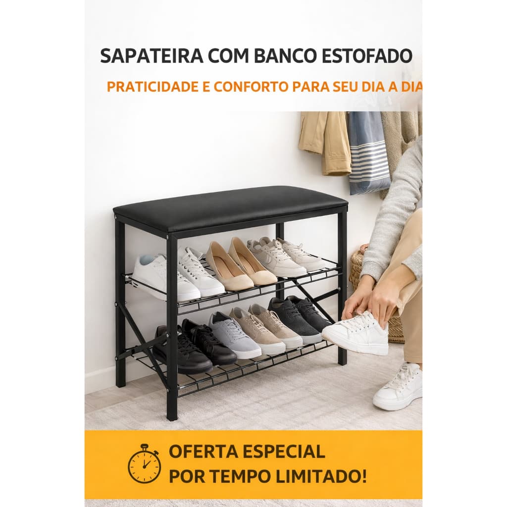 Sapateira com Banco Estofado – Organizador de Sapatos em Metal Preto