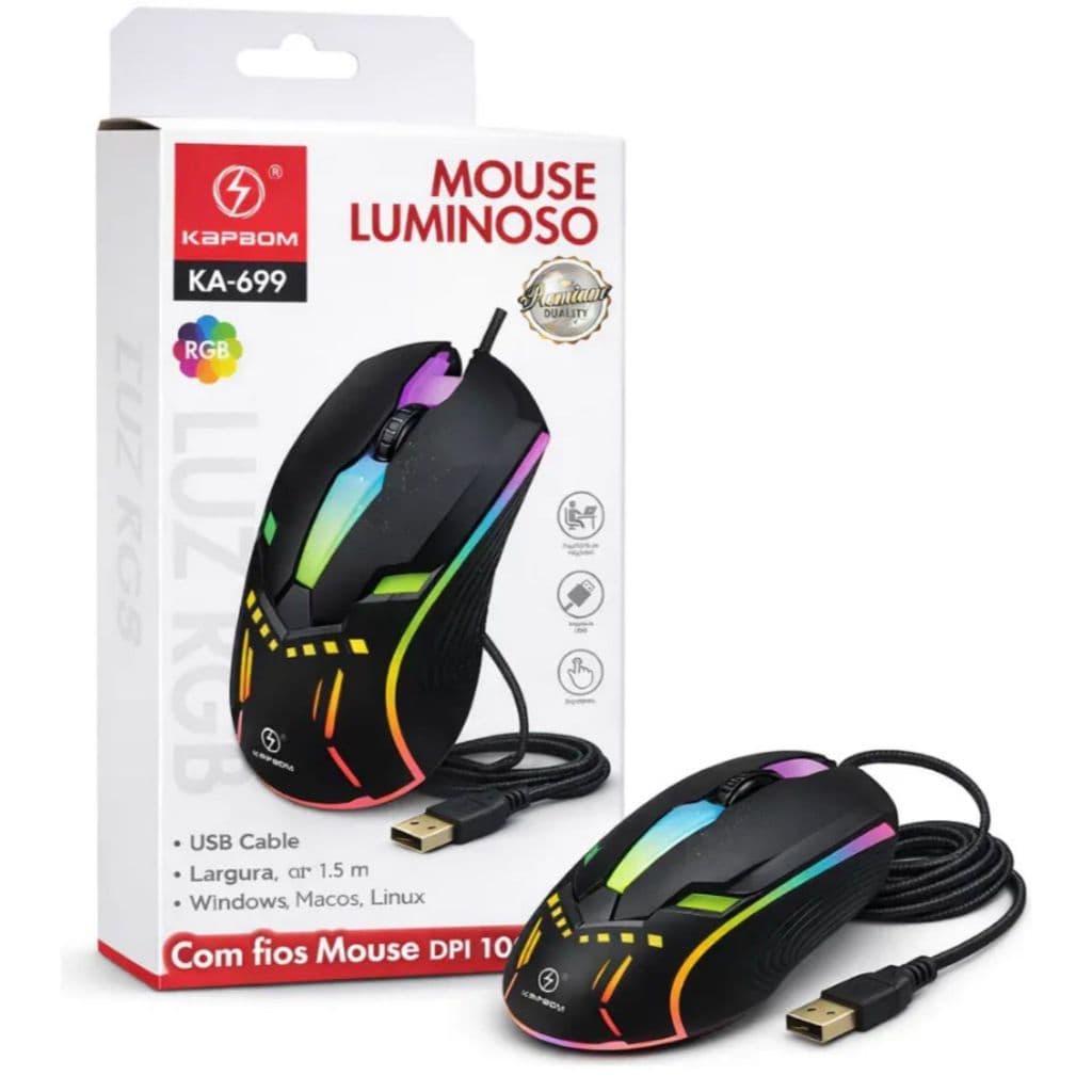 Mouse Gamer RGB USB com Fio Kapbom KA-699 LED Colorido 1000 DPI para PC e Notebook
