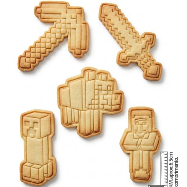 Kit 5 Moldes para Confeitaria Tema Minecraft Biscoito Espada/ Picareta Cortadores Biscuit - Pasta Americana - Massinha