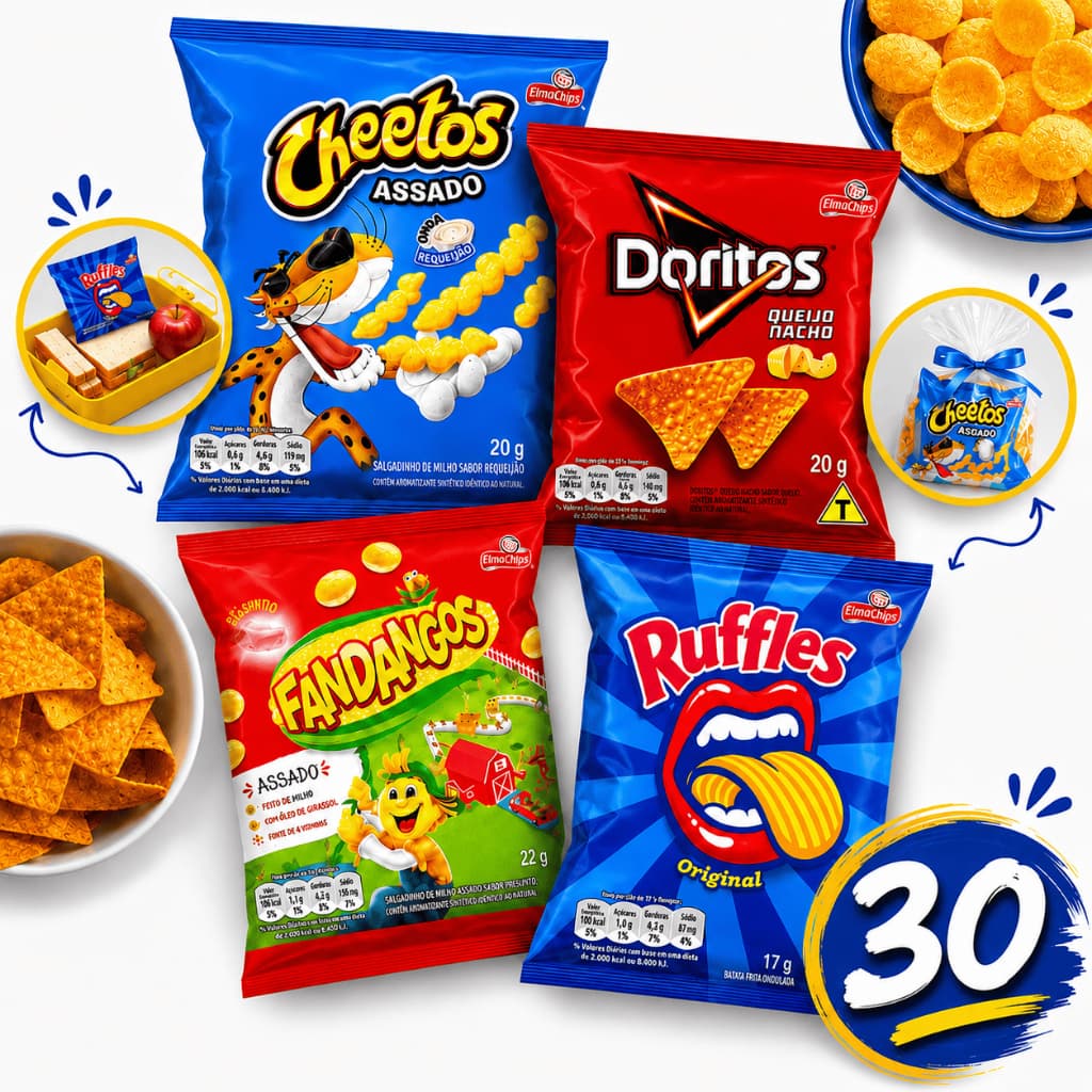 Kit 30 Salgadinhos Sortidos Elma Chips Doritos Cheetos Ruffles Fandangos Festa Lanche Lembrancinha Presente