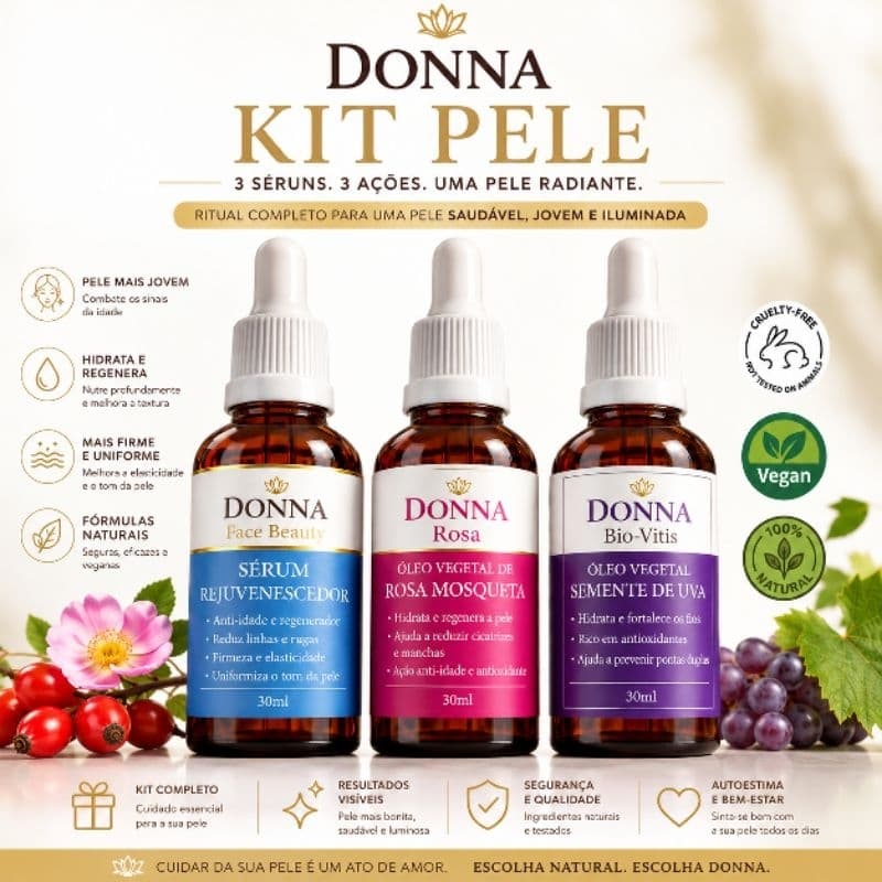 Kit Pele Radiante Rosa Mosqueta Serum Rejuvenescedor Semente de Uva Clareia Linhas Rugas Olheiras