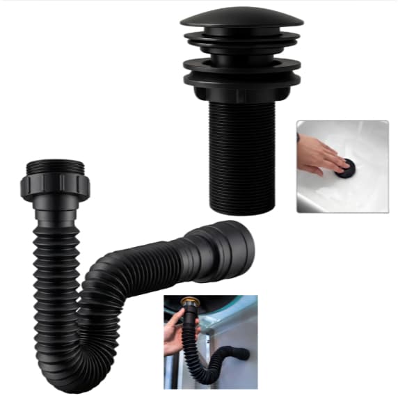Sifão Flexível Preto Sanfonado ABS Ajustável + Válvula Click 7/8 Pia Cuba Banheiro Lavatório
