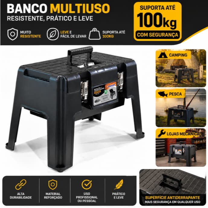 Banqueta com Compartimento Ferramentas Camping Pesca 100kg - Arqplast