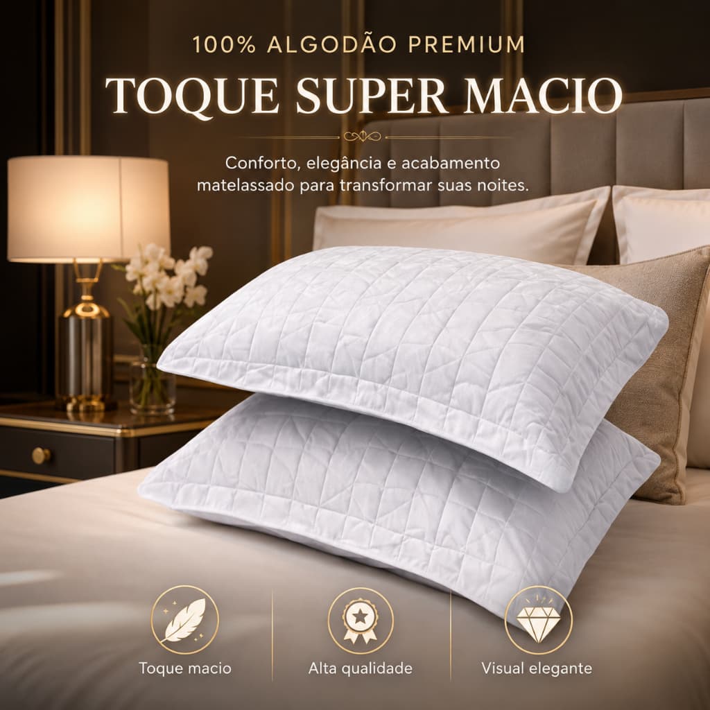 Kit Porta Travesseiro Matelassê 100% Algodão Premium Toque Macio e Elegante Antialérgico Alta Durabilidade