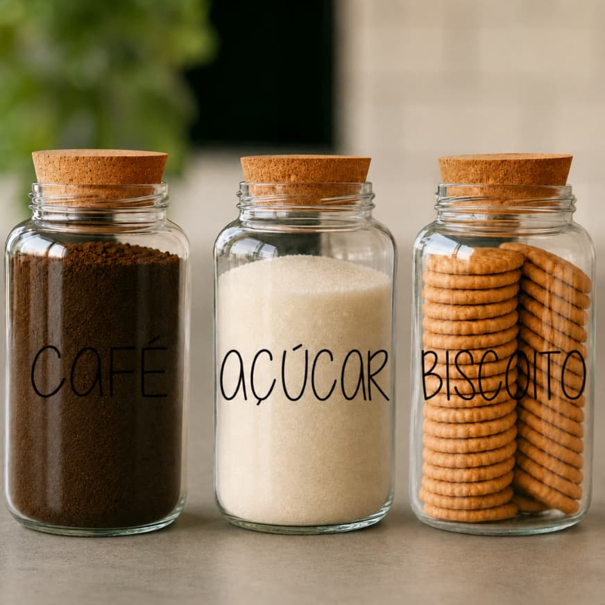 Kit Cantinho do Café 3 Potes de Vidro 810ml | Café, Açúcar e Biscoito | Tampa de Rolha Cortiça | Porta Mantimentos