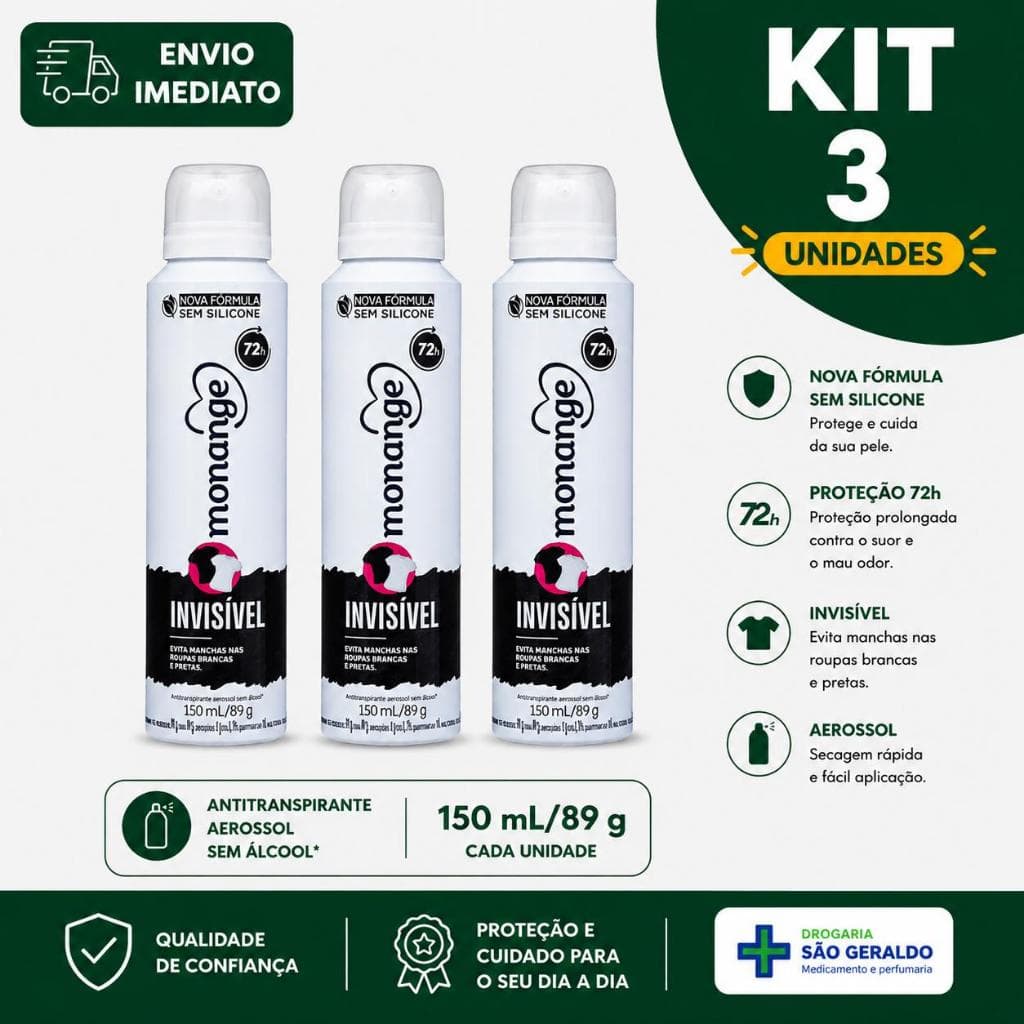 Desodorante Aerosol Monange Invisível 150ml Antitranspirante Sem Manchas Proteção 48h