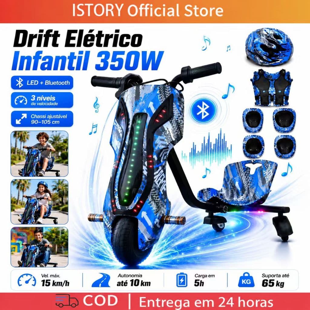 Triciclo Elétrico Drift 3 Velocidades 350w Bluetooth Led Infantil - Adulto 8 Polegadas