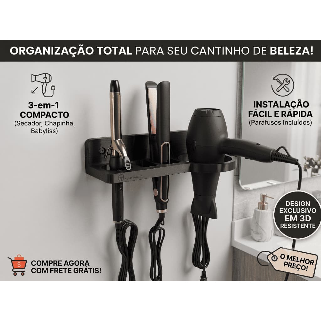 Suporte de Parede para Secador de cabelo, Chapinha e Babyliss etc.