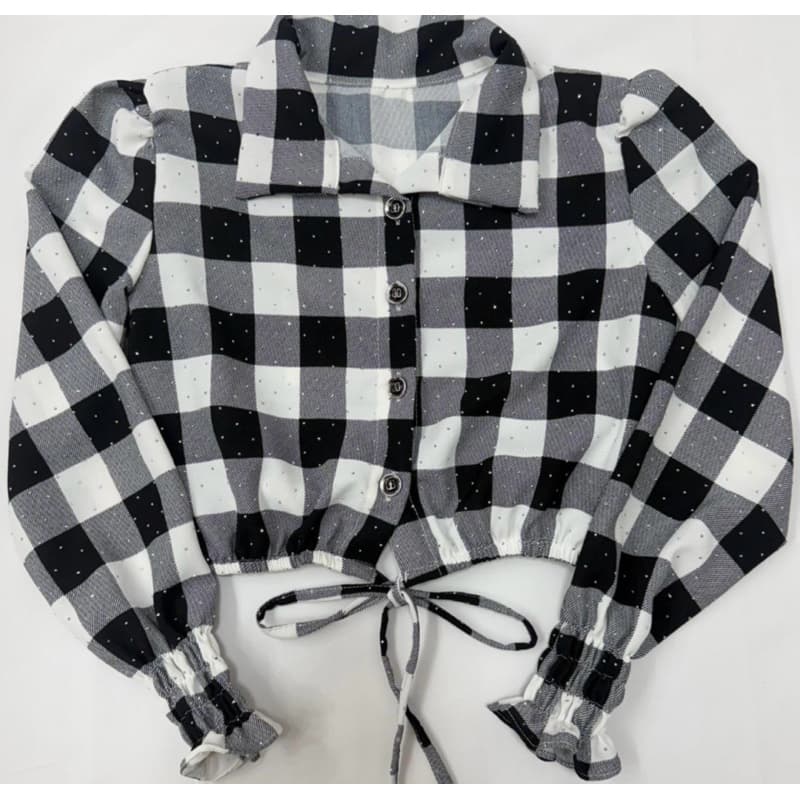Camisa Feminina cropped Xadrez Juvenil com Strass manga longa Moda Festa junina Arraia