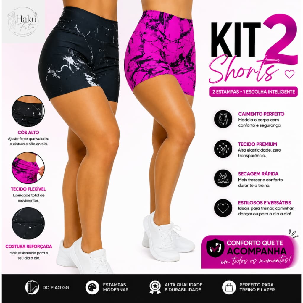 Kit 2 Shorts Marmorizado Feminino Cintura Alta Academia Fitness