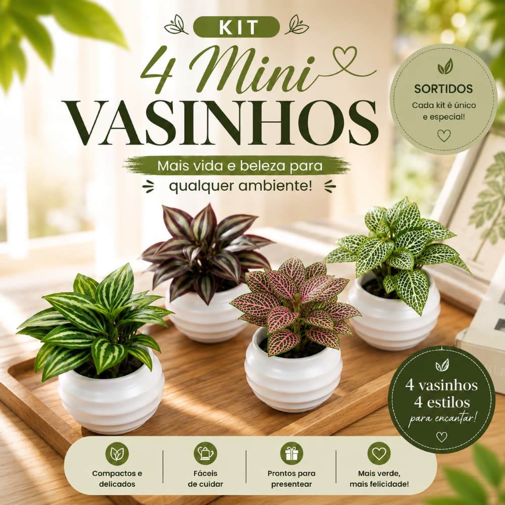 Kit 4 Vasinhos Planta Artificial Flores Decorativos Branco Decoração Sortidos