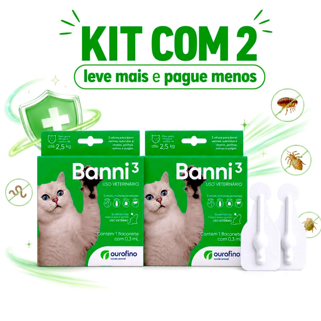 Kit 2 Banni 3 gatos até 2,5kg Ourofino 0,3ml antipulgas pipeta pulgas vermes sarnas piolhos gato