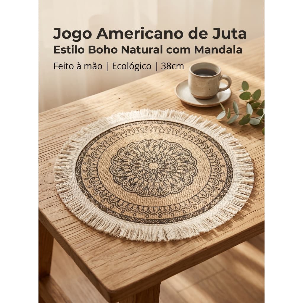 Jogo Americano Redondo de Juta Mandala Boho 38cm Feito à Mão Sousplat Ecológico C/ Franjas Decoração Mesa Jantar Cozinha