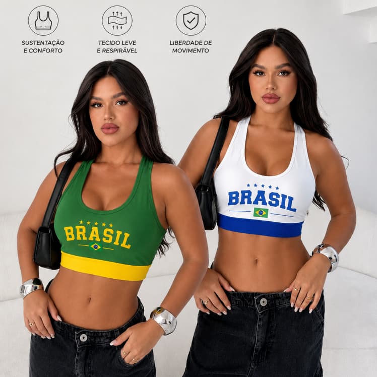 Kit 2 Tops Brasil Nadador Cropped Feminino Verde Amarelo Azul Torcedora Copa Ajustado Alta Qualidade