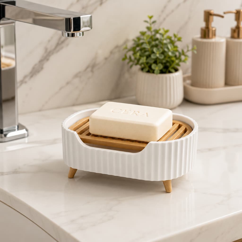 Saboneteira Moderna Corte 3D Com Saída De Água Elegante Branco Amadeirado