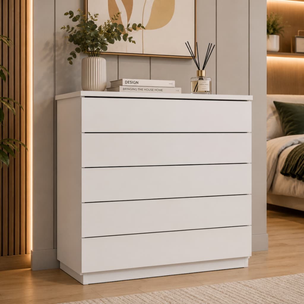 Cômoda Branca 5 Gavetas Premium Confortse Neve – Organização e Elegância