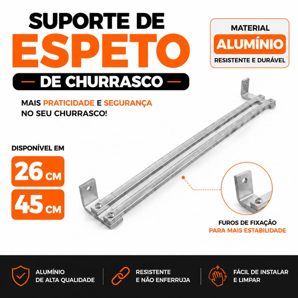 Suporte Porta Espetos Alumínio Parede 26cm 45cm Churrasco Churrasqueira Organizador Resistente