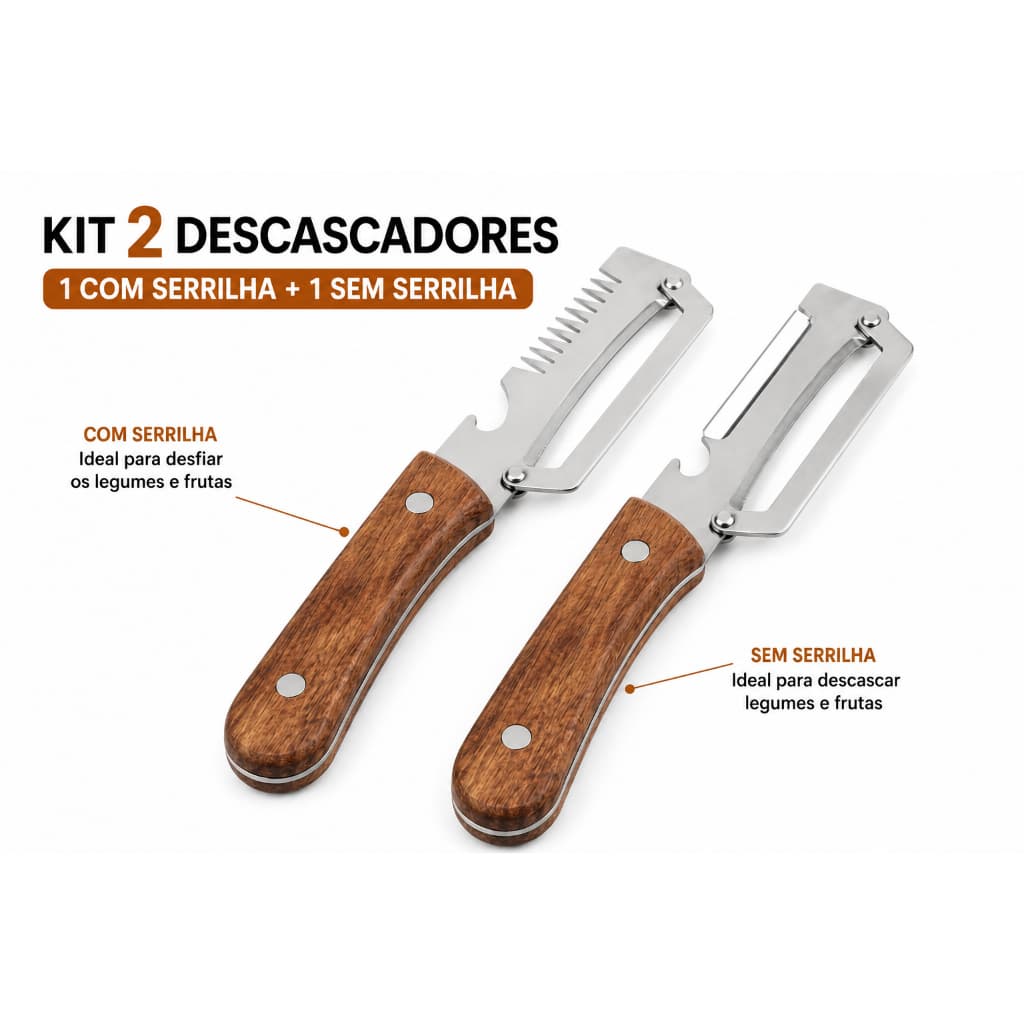 Kit Descascador de Legumes com Cabo de Madeira e Abridor de Garrafas Multifuncional Cozinha Ralador Fatiador de Frutas A